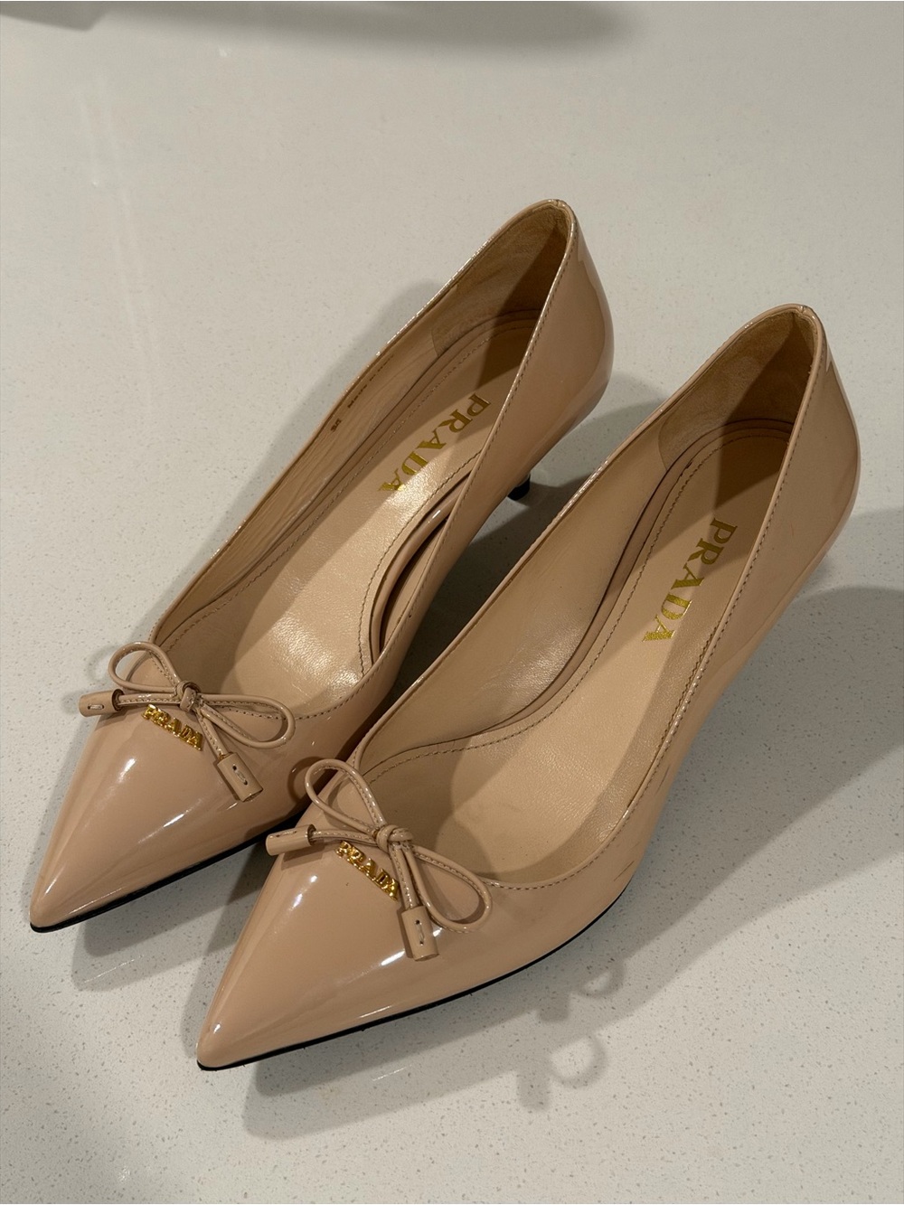 Prada Patent Leather Nude Pointed-Toe Kitten Heels with Bow